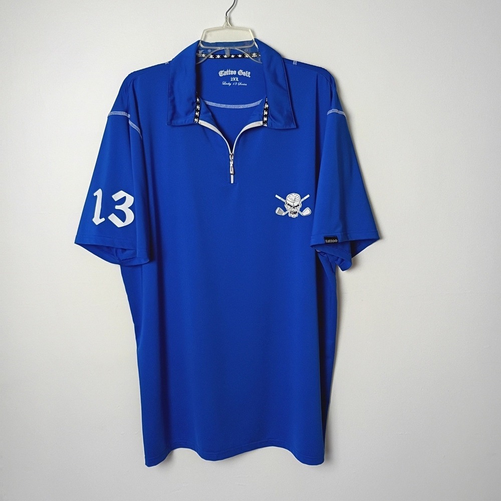 Tattoo Golf Mens 2XL Lucky 13 Series Blue QTR Zip Skull Performance Polo Shirt